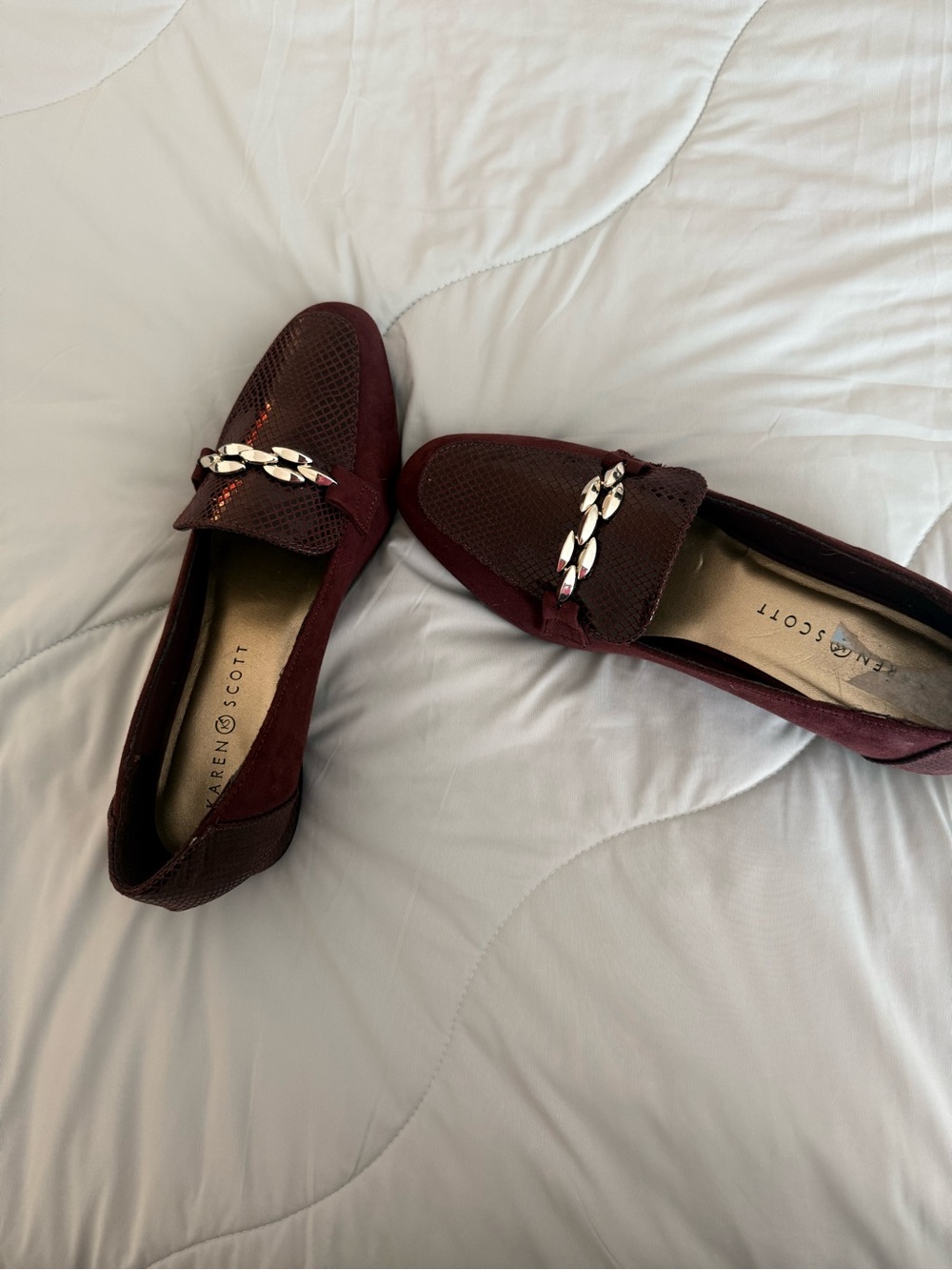 Karen Scott Women's Burgundy Slip-On Loafers with Silver Chain Accent